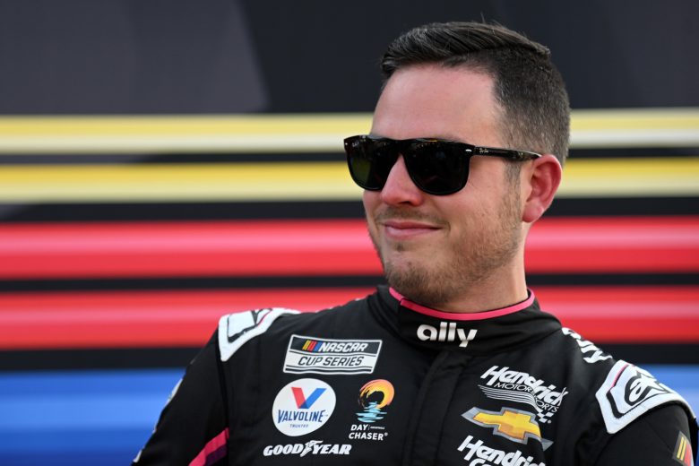 LEBANON, TENNESSEE - JUNE 25: Alex Bowman, driver of the #48 Ally Chevrolet, waits backstage during pre-race ceremonies prior to the NASCAR Cup Series Ally 400 at Nashville Superspeedway on June 25, 2023 in Lebanon, Tennessee. (Photo by Logan Riely/Getty Images)