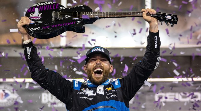 Featured image for Ross Chastain scores first win of 2023 at Nashville Superspeedway