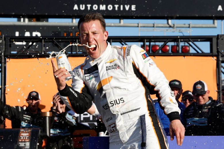 AJ Allmendinger celebrates win.