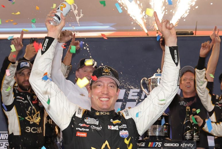 Kyle Busch celebrates win.