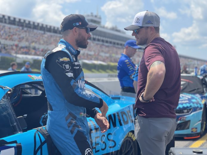 Ross Chastain talks with Justin Marks at Pocono Raceway.