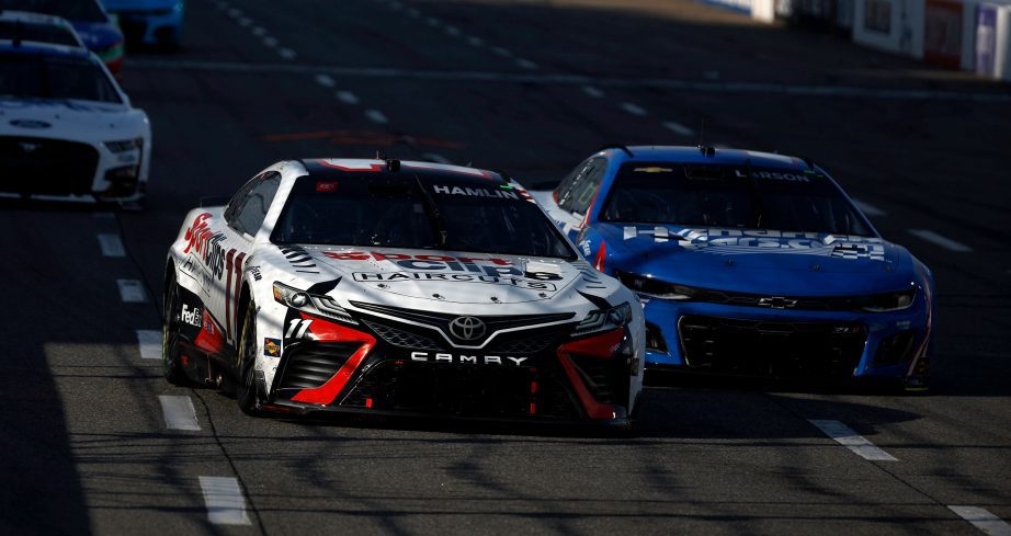 Denny Hamlin and Kyle Larson battle on track