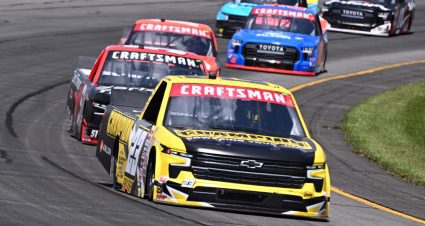Grant Enfinger leads trucks through Turn 3 at Pocono