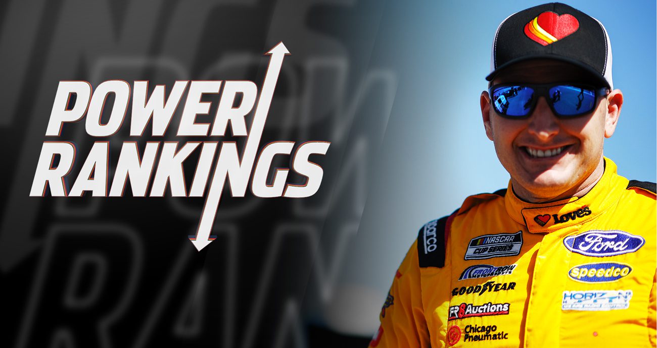 Michael McDowell is flanked by the NASCAR.com Power Rankings graphic