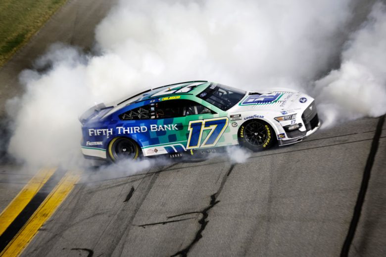Chris Buescher does a burnout.