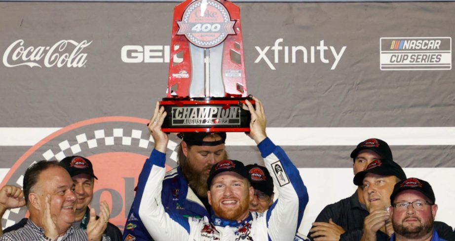 Chris Buescher celebrates in Victory Lane.