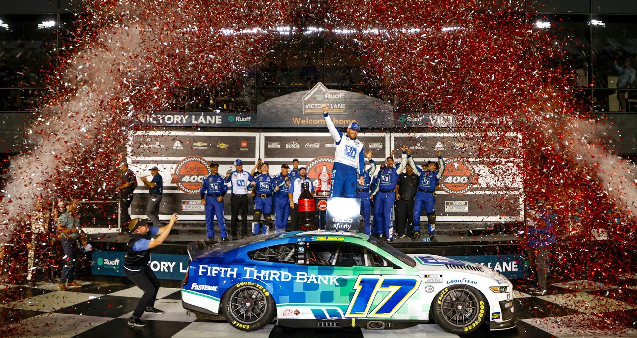 Chris Buescher celebrates in Victory Lane.