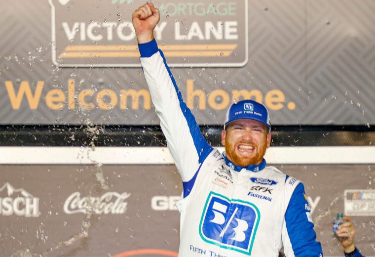 Chris Buescher celebrates in Victory Lane.