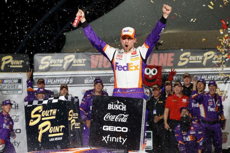Denny Hamlin celebrates