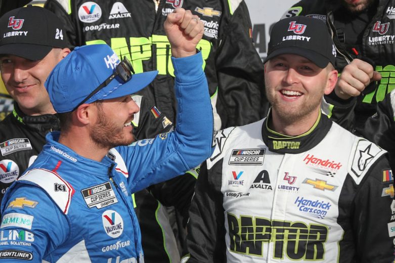 Kyle Larson and William Byron smile.