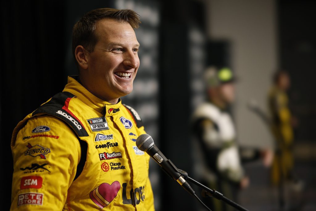 Michael McDowell answers questions during NASCAR Playoffs Media Day