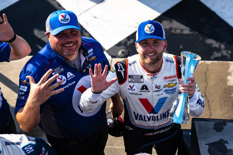 William Byron and Rudy Fugle hold five fingers up after Watkins Glen win