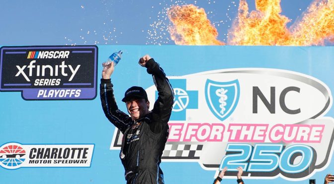 Featured image for Sam Mayer converts must-win at Charlotte Roval, advances in Xfinity Series Playoffs