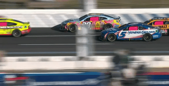 Daniel Su&aacute;rez makes contact with Austin Cindric and Bubba Wallace (Steve Luvender gif)