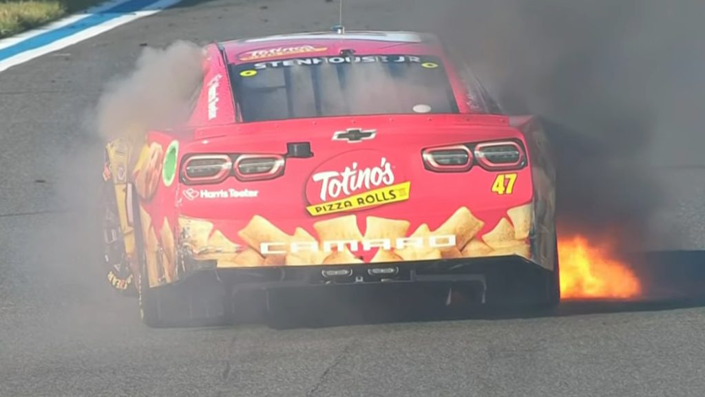 Ricky Stenhouse Jr.'s Totino's Pizza Rolls car with flames coming out of the side