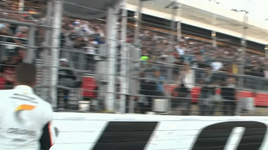 After winning the race, AJ Allmendinger climbs into the grandstands (Steve Luvender gif)