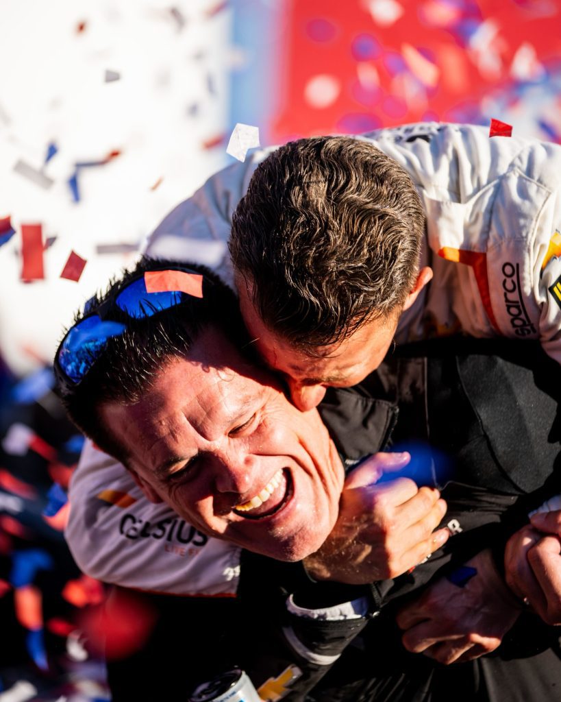 AJ Allmendinger and Matt Kaulig celebrate in Victory Lane