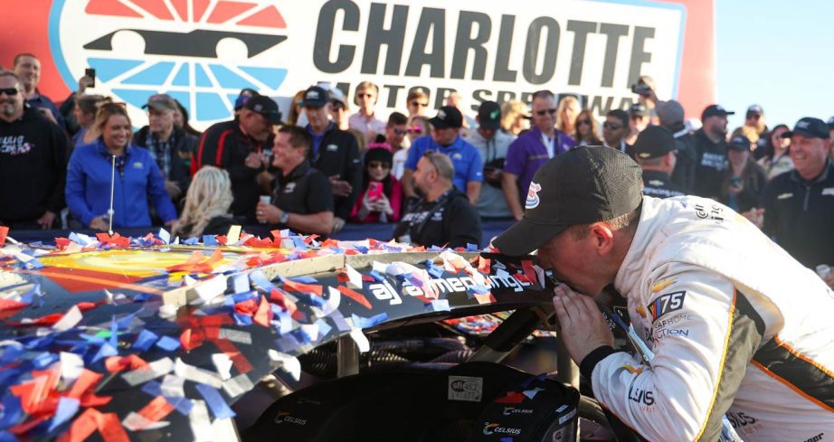 AJ Allmendinger celebrates in Victory Lane.