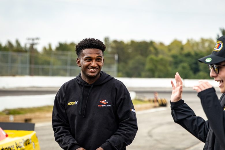 Lavar Scott laughing during the Advance Auto Parts Drive for Diversity Combine at Florence Motor Speedway