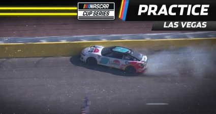 Chase Elliott hits the wall during practice at Las Vegas Motor Speedway