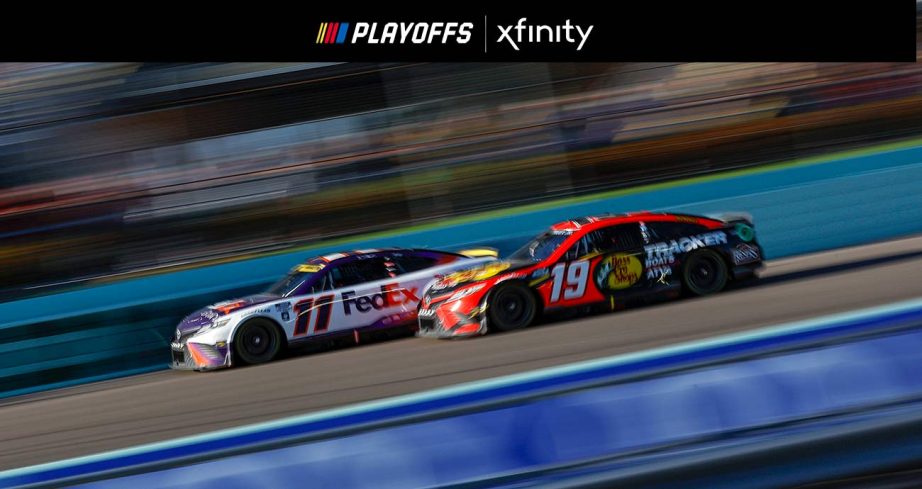 Denny Hamlin's No. 11 Toyota leads Martin Truex Jr.'s No. 19 Camry at Homestead-Miami Speedway