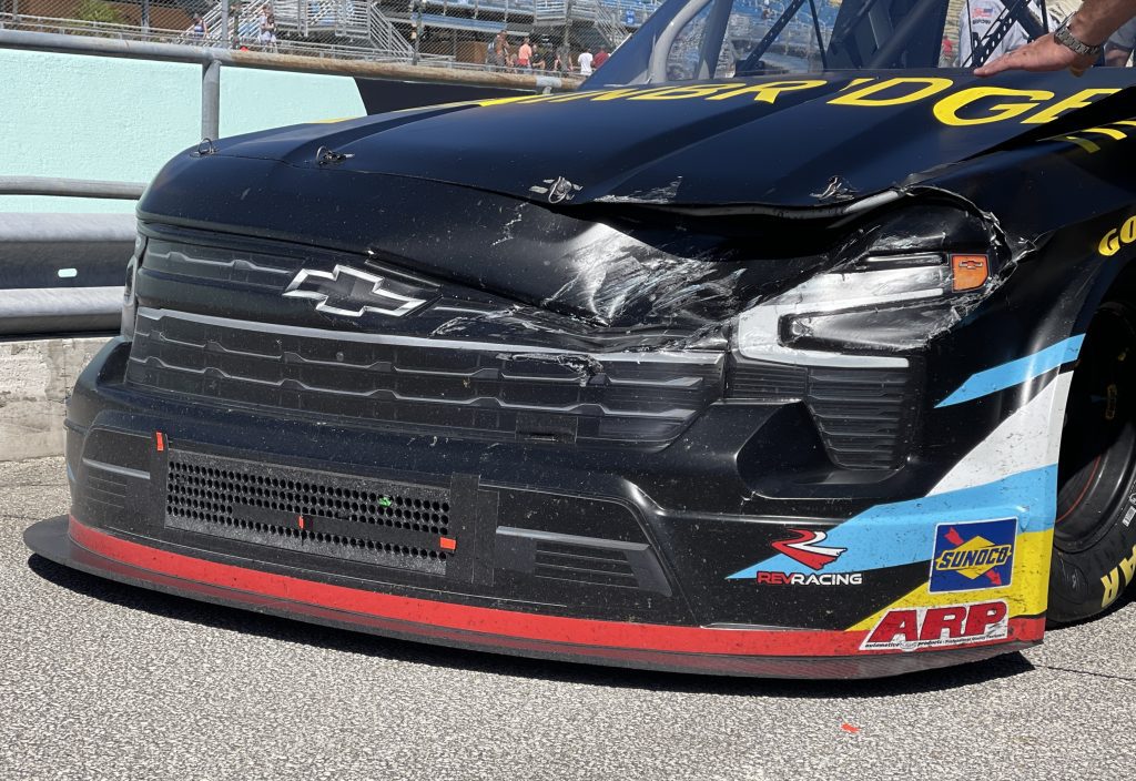 Damage to the left-front nose of Nick Sanchez's truck at Homestead-Miami Speedway