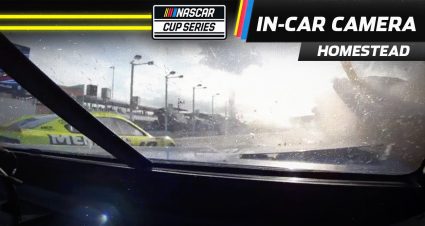 In-car: Kyle Larson bashes into barrels entering pit road