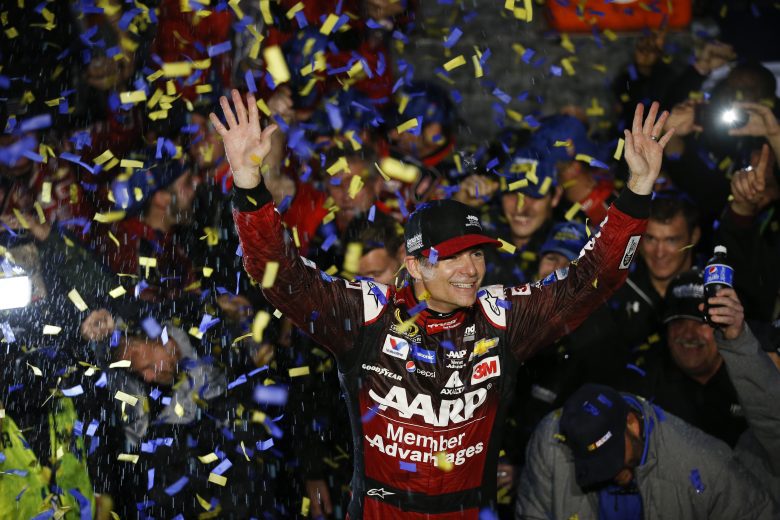 Jeff Gordon, driver of the No. 24 AARP Member Advantages Chevrolet, celebrates a victory during the NASCAR Sprint Cup Series Goody's Headache Relief Shot 500 at Martinsville Speedway.