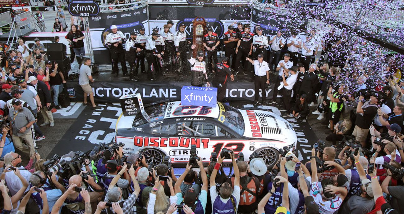 Ryan Blaney celebrates his Martinsville win in Victory Lane