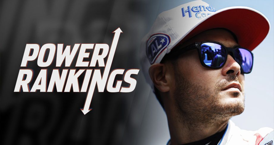 Kyle Larson flanked by the NASCAR.com Power Rankings graphic