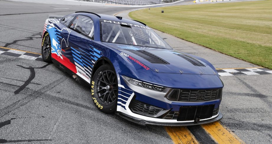 The 2024 Ford Mustang Dark Horse sits at the Daytona International Speedway's start/finish line