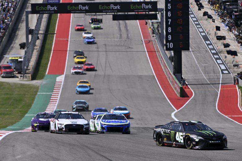 NASCAR Cup series car head to turn 1 at circuit of the Americas.
