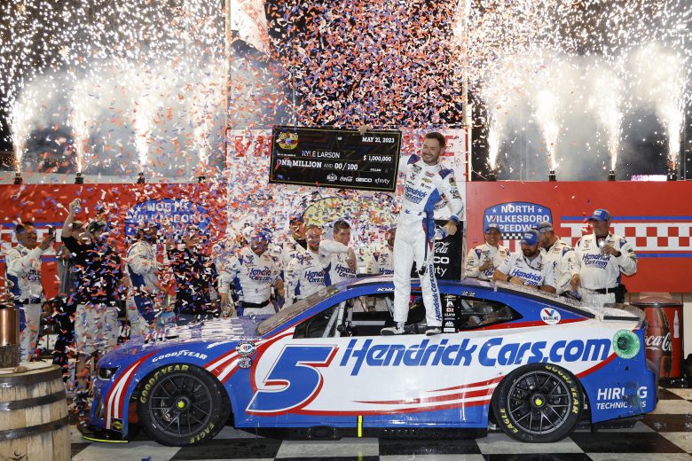 Kyle Larson celebrates win at North Wilkesboro.