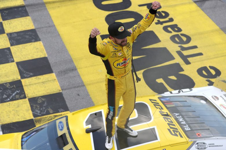 Ryan Blaney Celebrates win in Talladega.