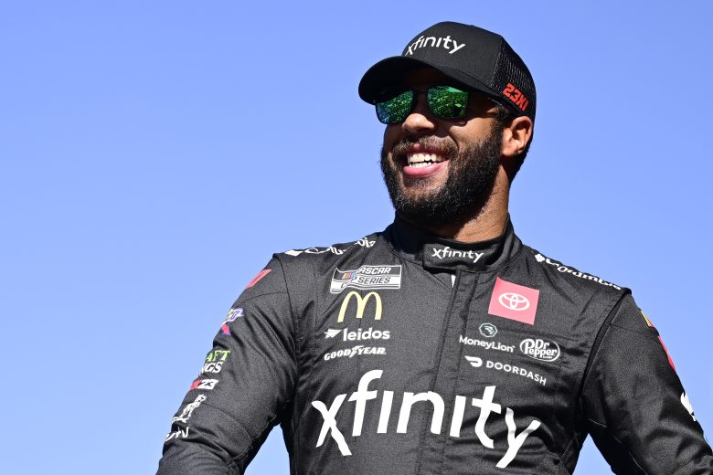 Bubba Wallace, driver of the #23 Xfinity Toyota, walks onstage during driver intros prior to the NASCAR Cup Series Xfinity 500 at Martinsville Speedway on October 29, 2023 in Martinsville, Virginia.