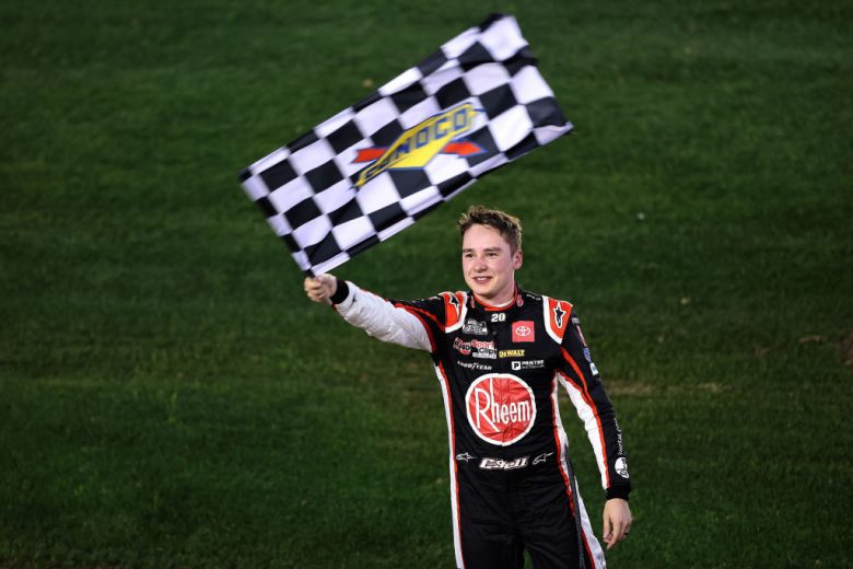 Christopher Bell celebrates after winning at the Daytona Road Course.