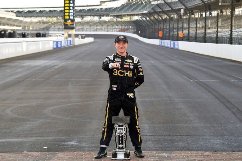 Tyler Reddick celebrates after winning at Indianapolis.