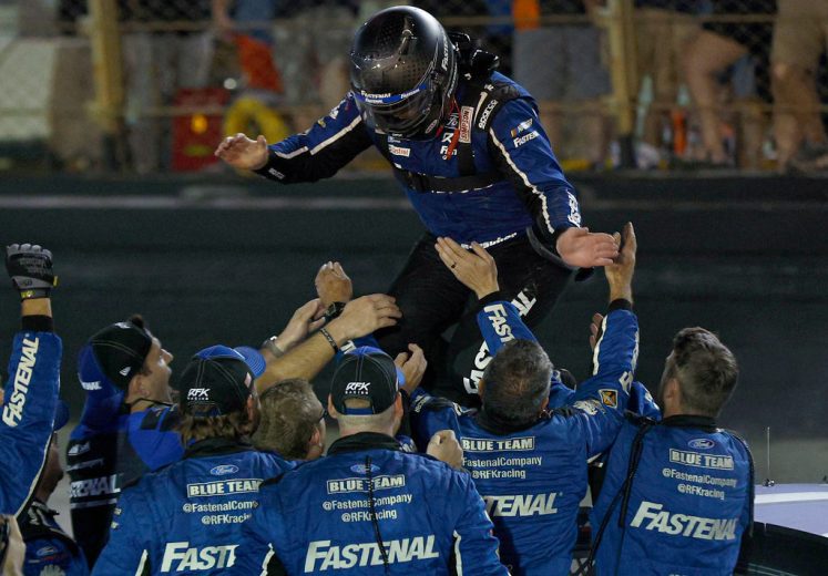 Chris Buescher celebrates after winning at Bristol.