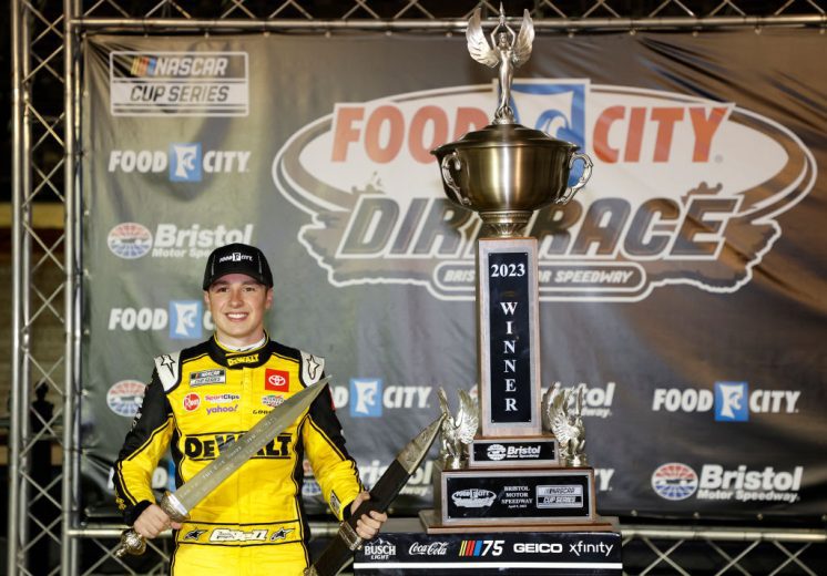 Christopher Bell celebrates in Victory Lane at Bristol Dirt.