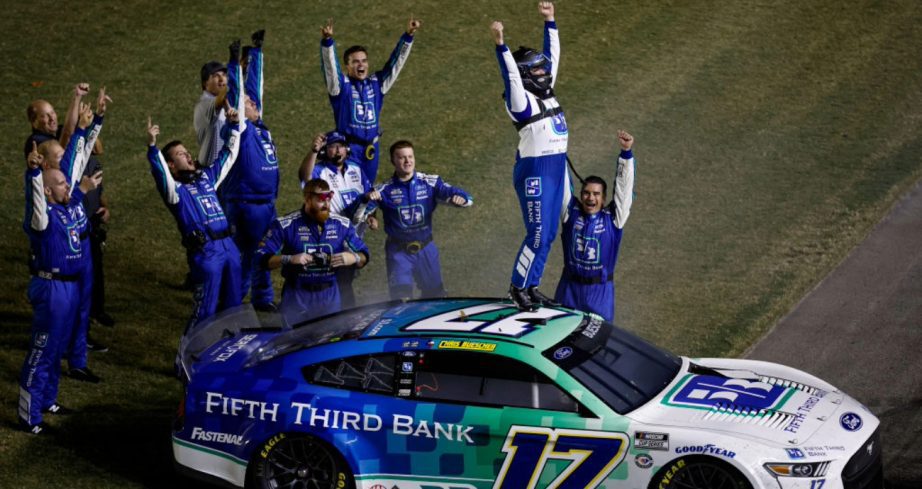 Chris Buescher celebrates after winning at Daytona.