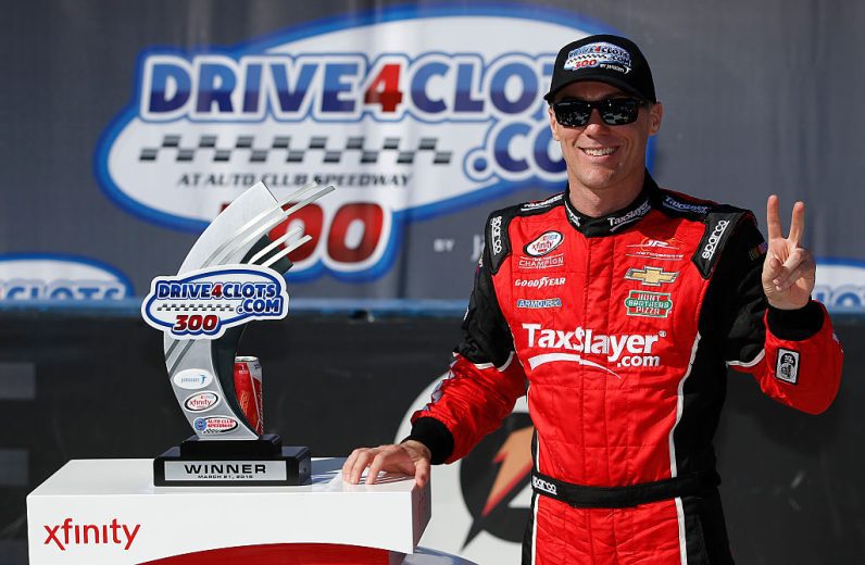 Kevin Harvick celebrates in Victory Lane at Fontana.