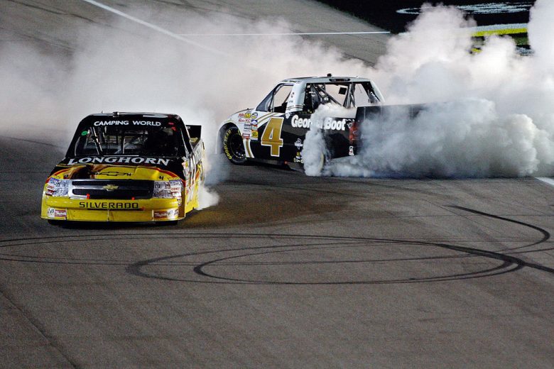 Kevin Harvick does a burnout after winning at Homestead.