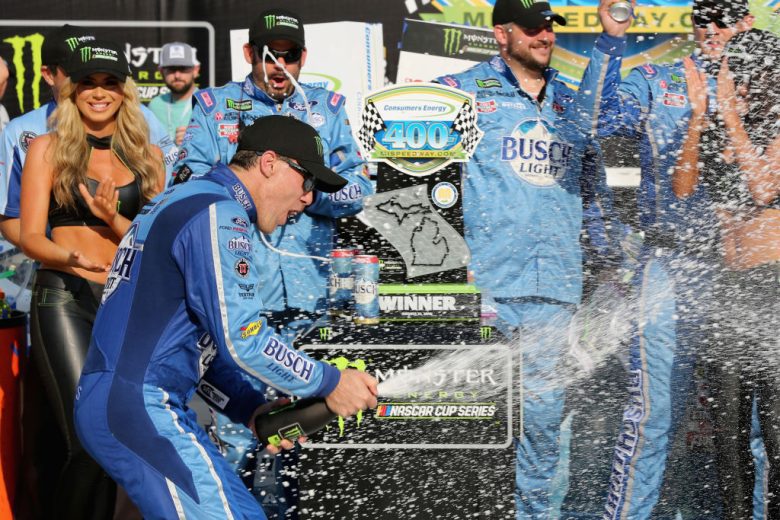 Kevin Harvick celebrates in Victory Lane at Michigan.