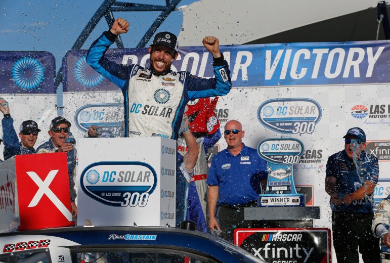 Ross Chastain celebrates in Victory Lane after first Xfinity win