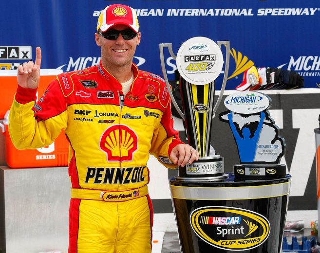 Kevin Harvick celebrates in Victory Lane at Michigan.