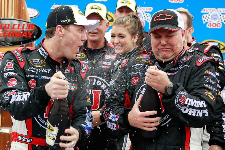 Kevin Harvick celebrates in Victory Lane at Fontana.
