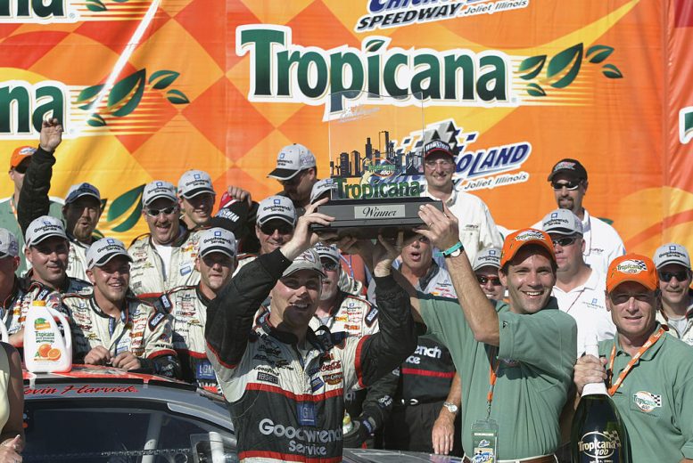 Kevin Harvick celebrates in Victory Lane at Chicagoland.