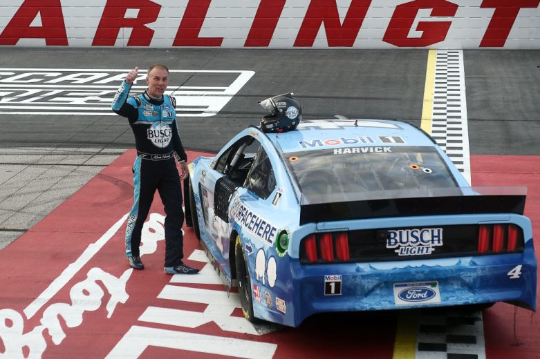 Kevin Harvick celebrates after winning at Darlington.