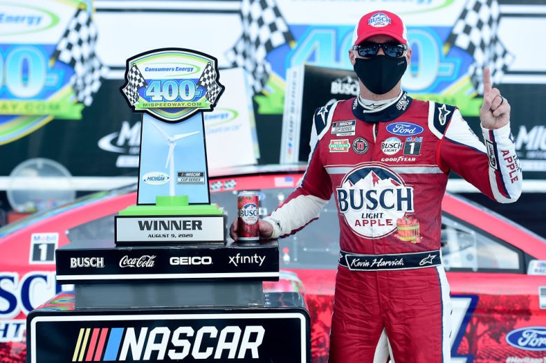 Kevin Harvick celebrates in Victory Lane at Michigan.
