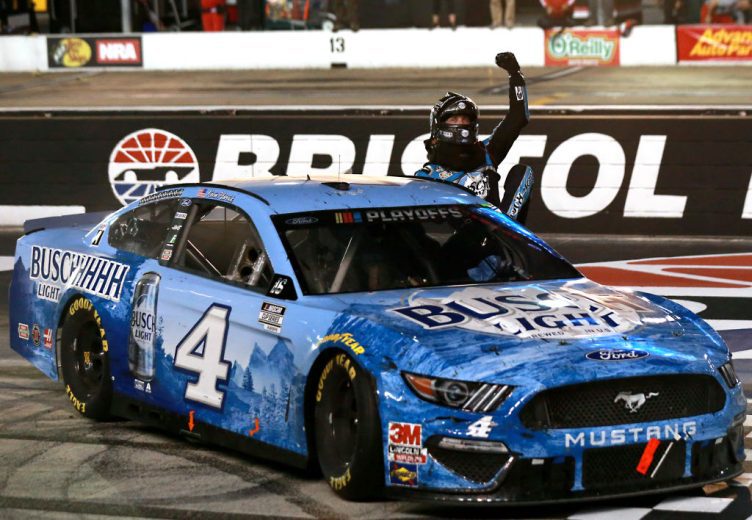 Kevin Harvick celebrates after winning at Bristol.